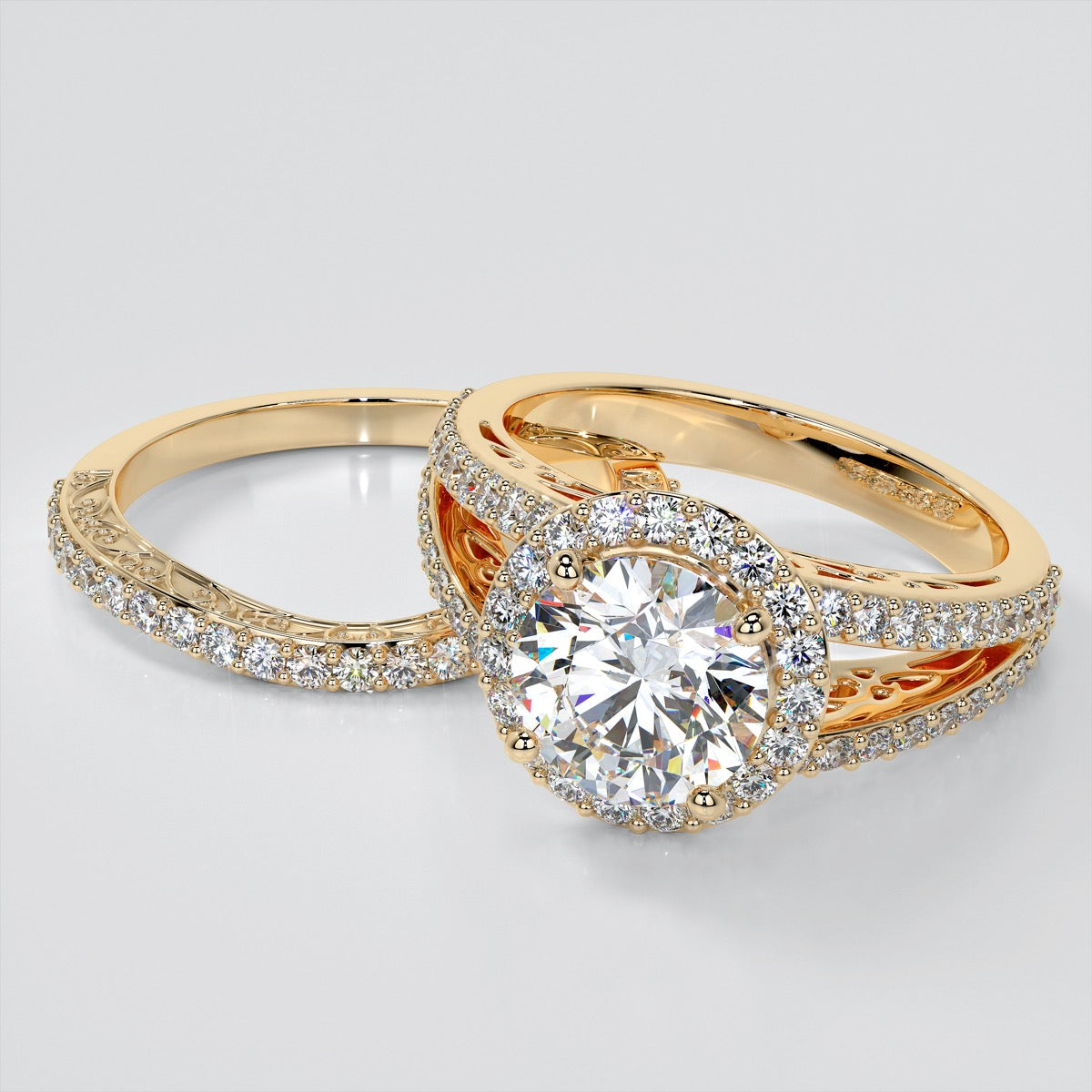 Accented Filigree Style Round Cut Trio-Wedding Set