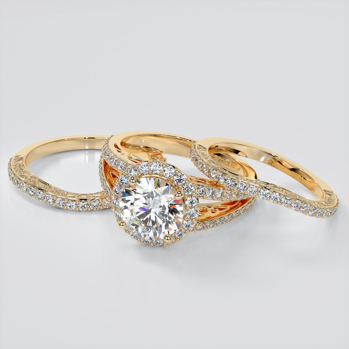 Accented Filigree Style Round Cut Trio-Wedding Set