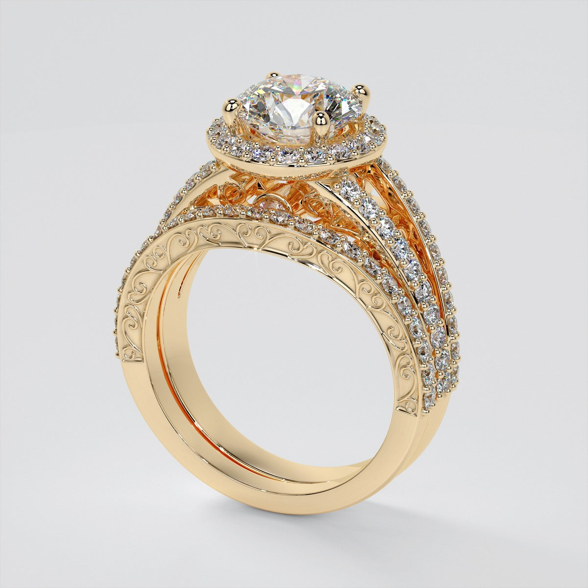 Round Cut Engagement Ring with Filigree Split Shanks