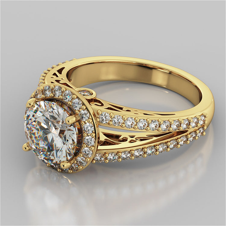 Round Cut Engagement Ring with Filigree Split Shanks