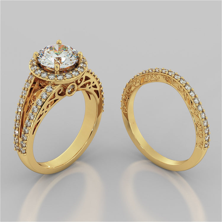 Accented Filigree Style Round Cut Trio-Wedding Set