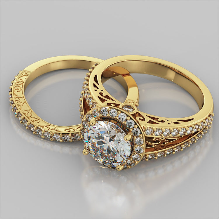 Accented Filigree Style Round Cut Trio-Wedding Set