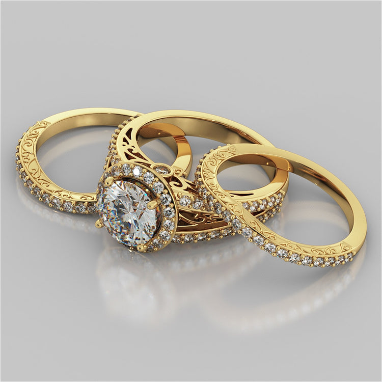 Accented Filigree Style Round Cut Trio-Wedding Set