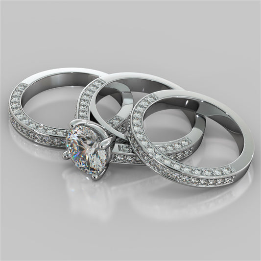 Round Cut Cathedral Style Trio-Wedding Set with Channel Set Accents