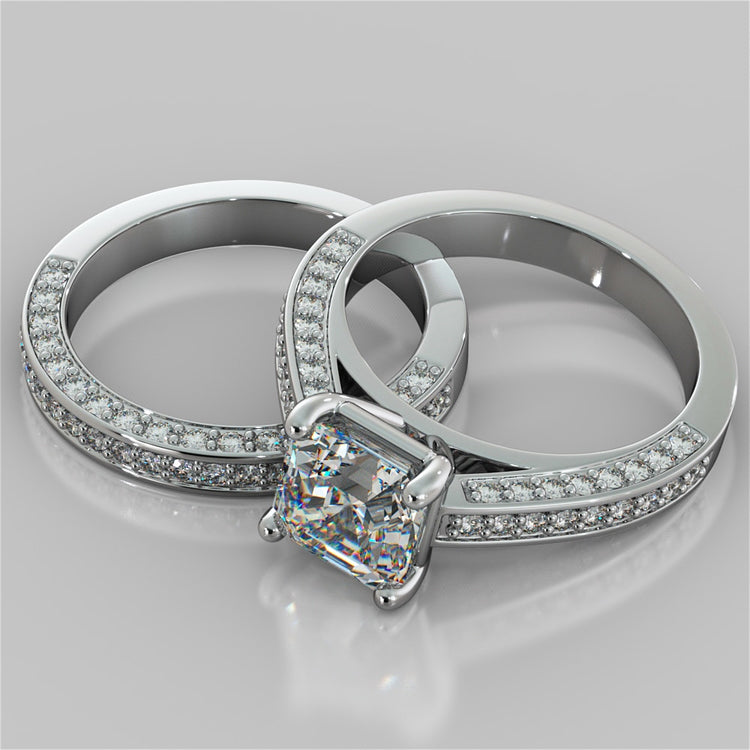 Cathedral Style Asscher Cut Trio-Wedding Set with Round Accents