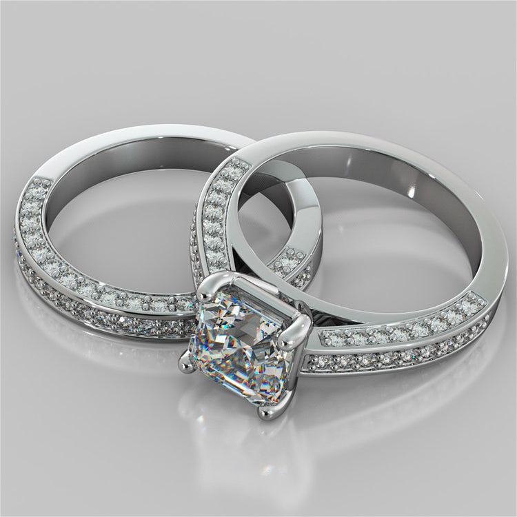 Asscher Cut Channel Set Cathedral Engagement Ring with Accents