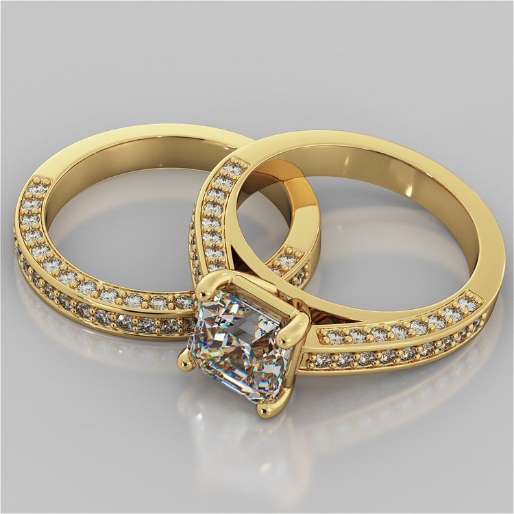 Asscher Cut Channel Set Cathedral Engagement Ring with Accents