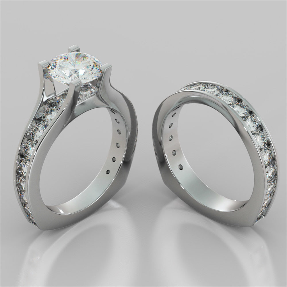 Round Cut Bridge Style Wedding Set with Euro Band