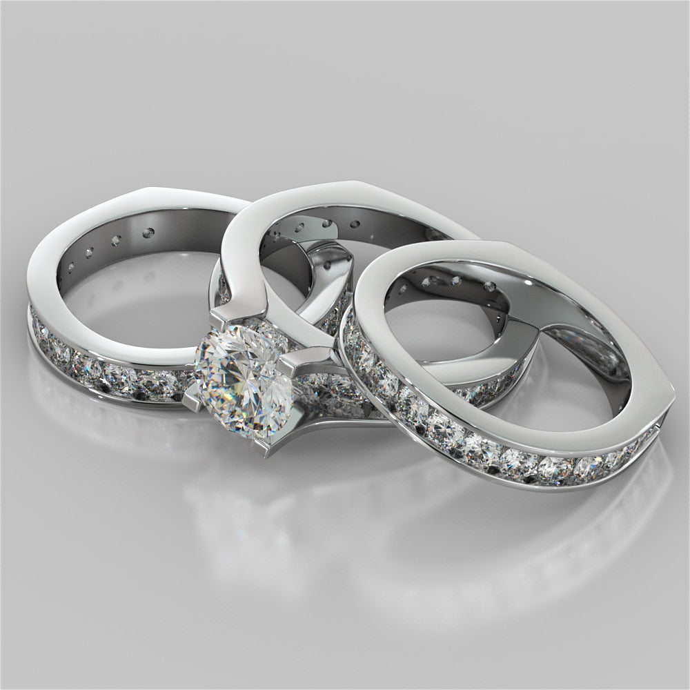 Round Cut Channel Bridge Trio-Wedding Set and Euro Shanks