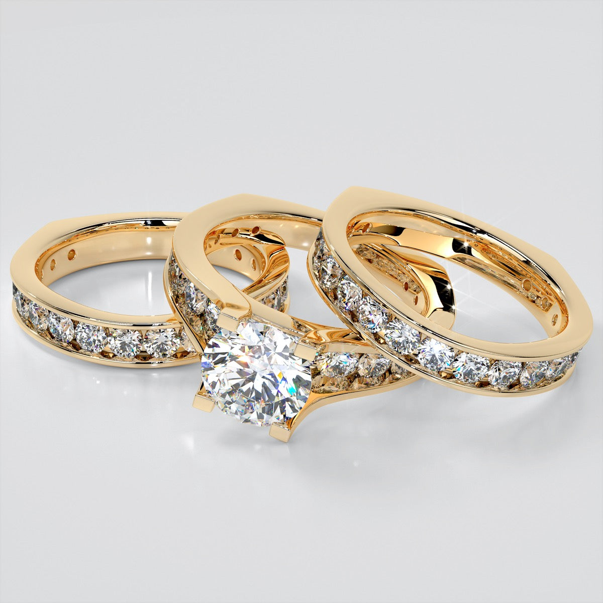 Round Cut Channel Bridge Trio-Wedding Set and Euro Shanks