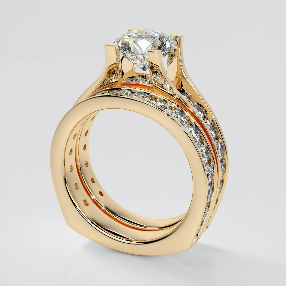 Round Cut Channel Bridge Trio-Wedding Set and Euro Shanks