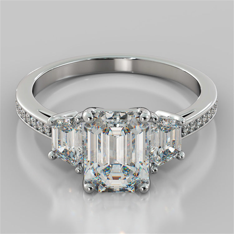 Emerald Cut Three Stone Wedding Set With Trapezoids