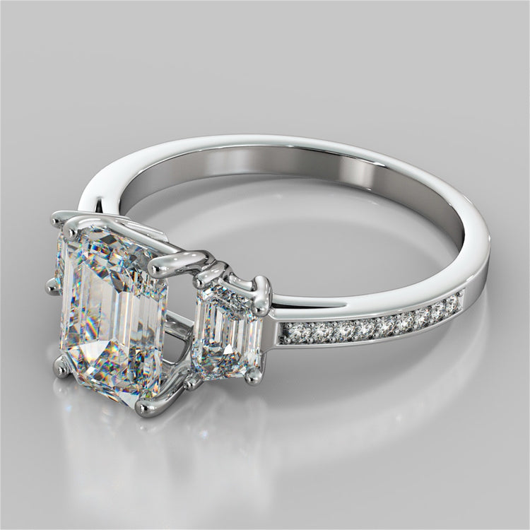 Emerald Cut Three Stone Wedding Set With Trapezoids