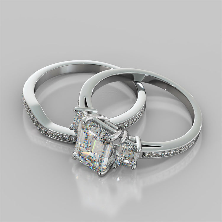 Emerald Cut Three Stone Wedding Set With Trapezoids