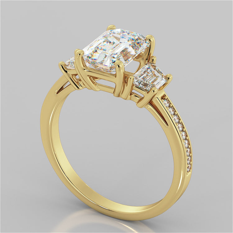 Emerald Cut Three Stone Wedding Set With Trapezoids