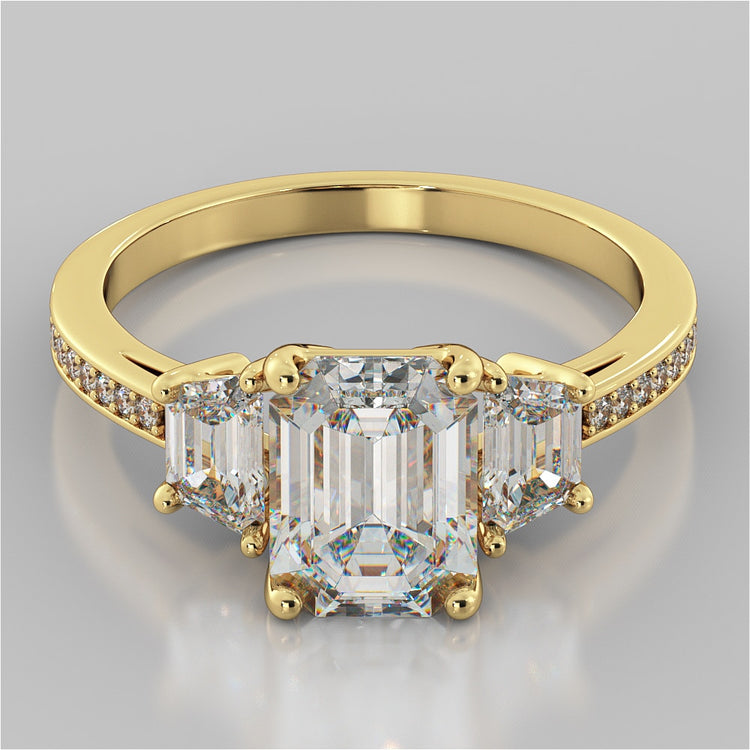 Lab Grown Diamond Emerald Cut Three-Stone Engagement Ring With Trapezoid Accents