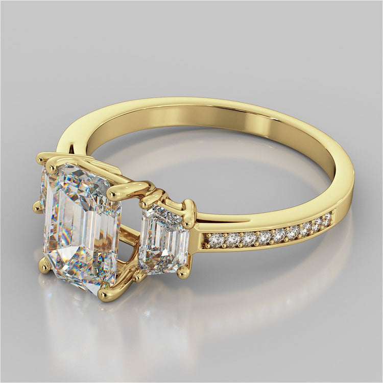 Emerald Cut Three Stone Wedding Set With Trapezoids