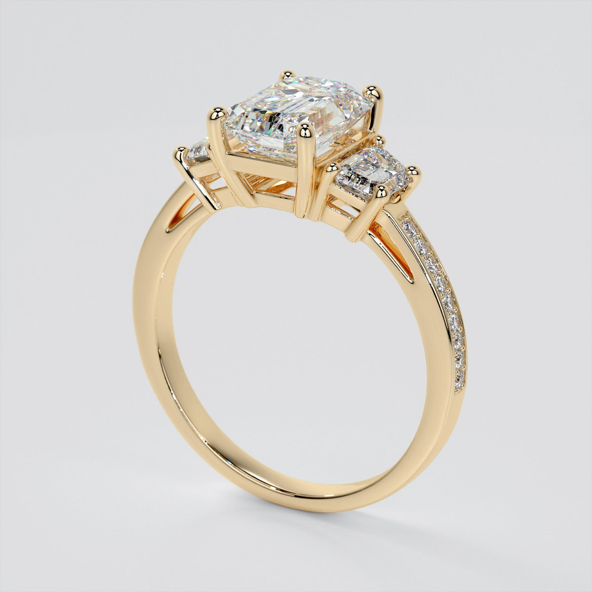 2.94Ct Emerald Cut Lab Grown Diamond Three-Stone Engagement Ring in 14K Yellow Gold - VVS Clarity - F Color