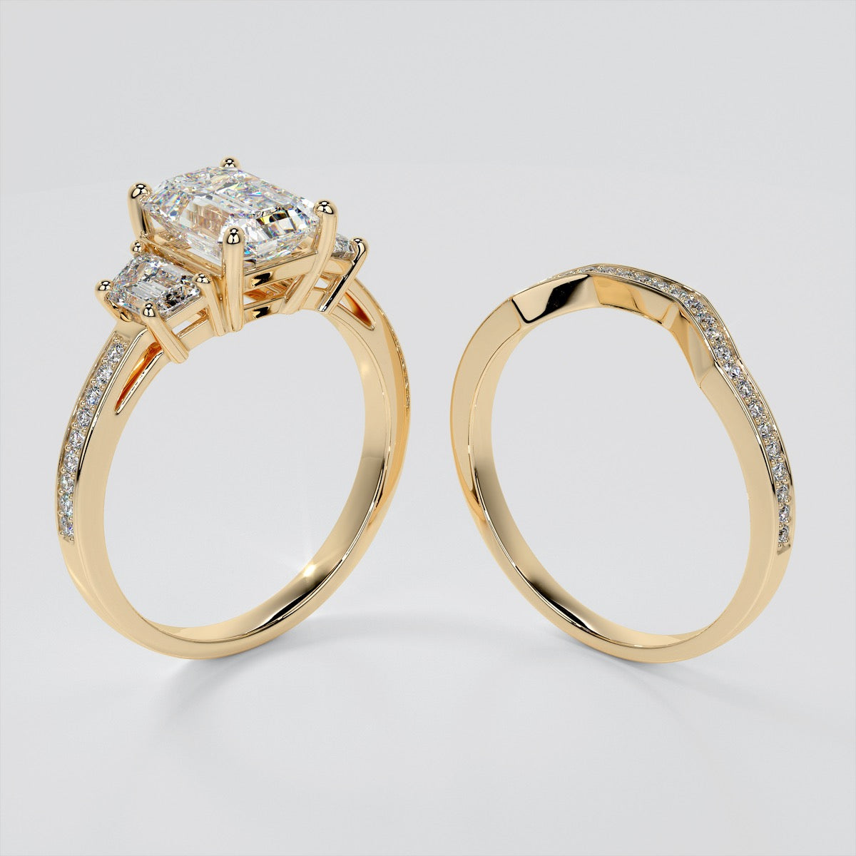 Emerald Cut and Trapezoids Accents Wedding Set With 2 Matching Bands