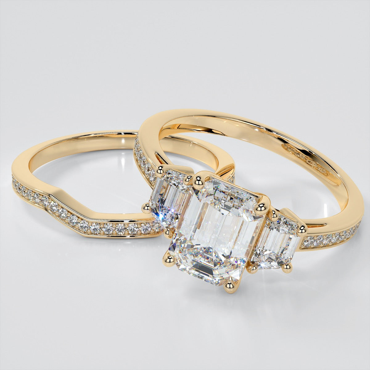 Lab Grown Diamond Emerald Cut Three-Stone Engagement Ring With Trapezoid Accents