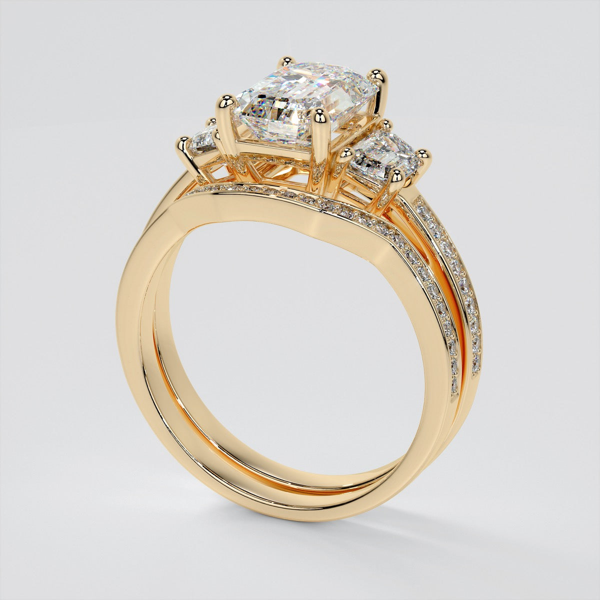 2.94Ct Emerald Cut Lab Grown Diamond Three-Stone Engagement Ring in 14K Yellow Gold - VVS Clarity - F Color