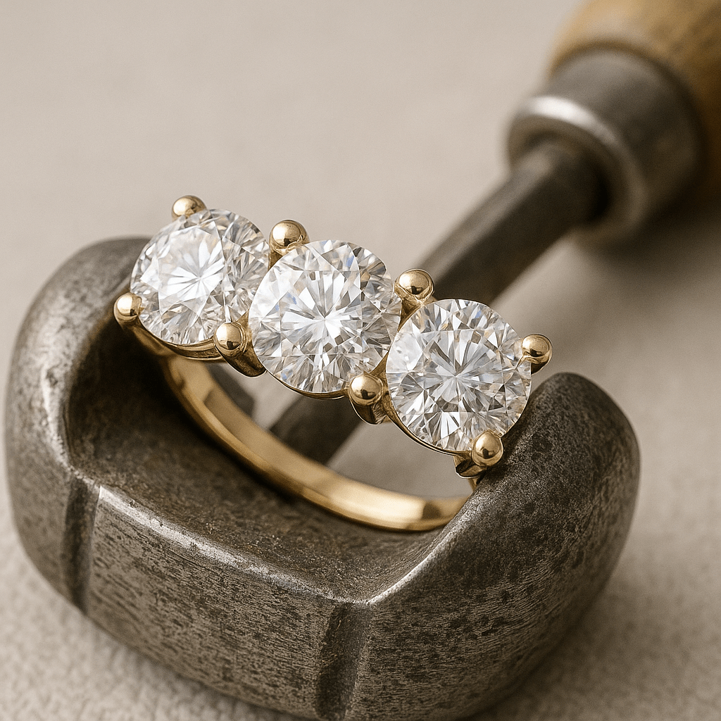 Gold ring with three diamonds on a metal anvil