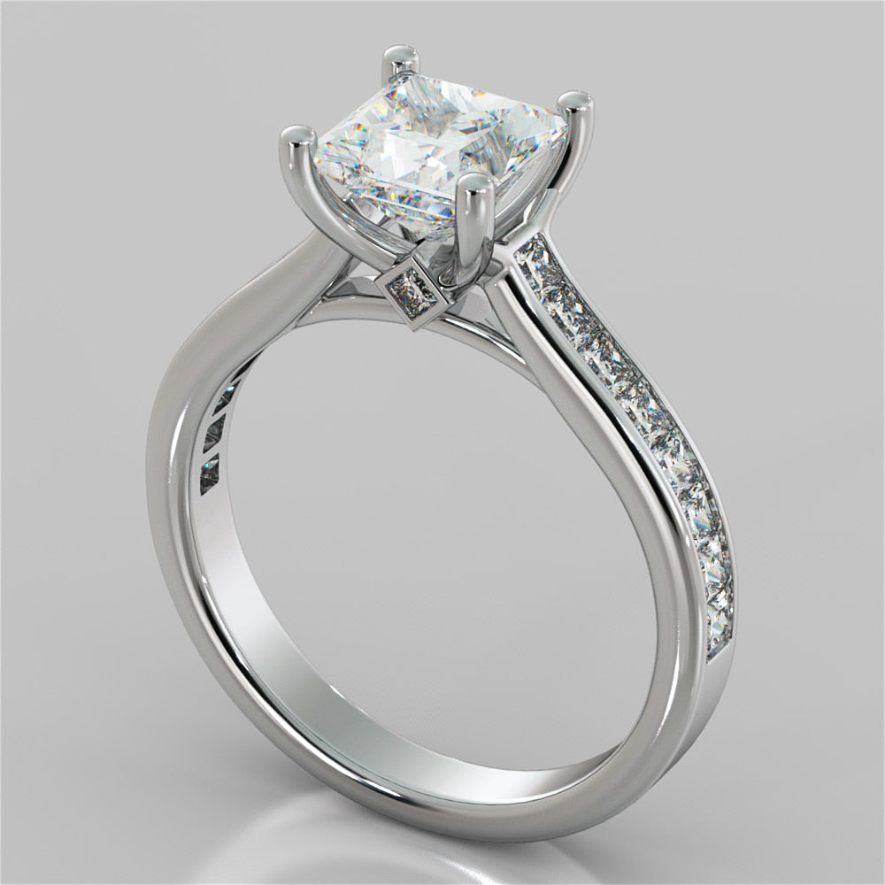Princess Cut Channel Set Cathedral Style Wedding Set With 2 Matching Bands