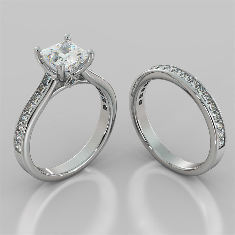 Princess Cut Channel Set Cathedral Style Wedding Set