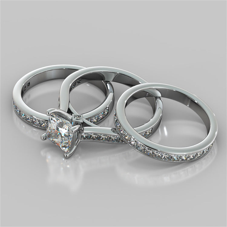 Princess Cut Channel Set Cathedral Style Wedding Set