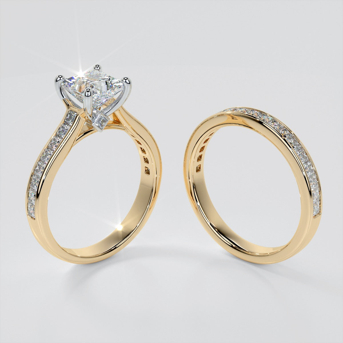 Princess Cut Channel Set Cathedral Style Wedding Set