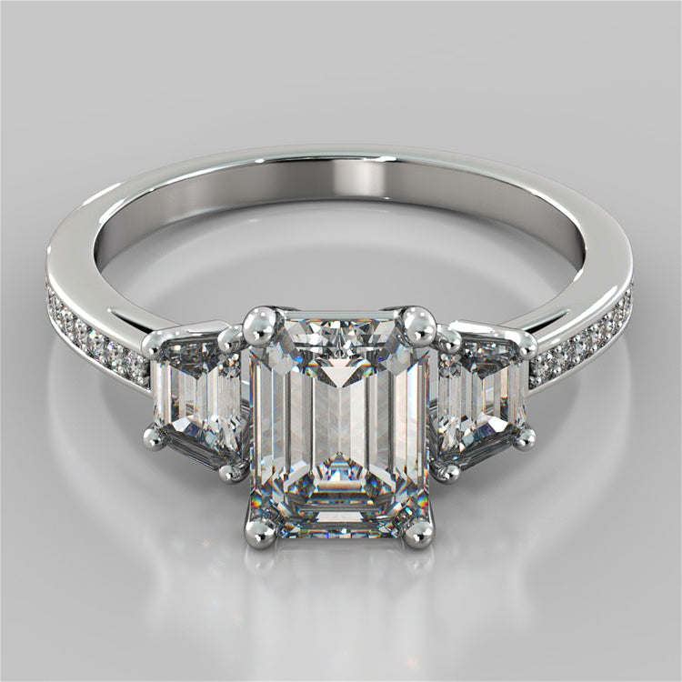 Radiant Cut Three-Stone Engagement Ring With Trapezoids