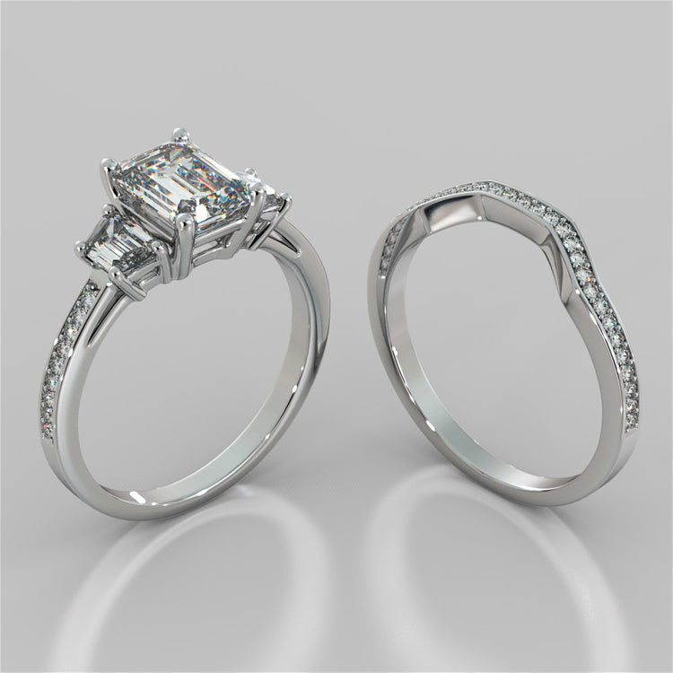 Radiant Cut Three-Stone Engagement Ring With Trapezoids