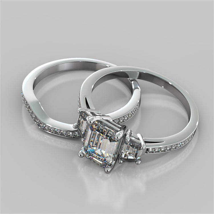 Radiant Cut Three-Stone Engagement Ring With Trapezoids