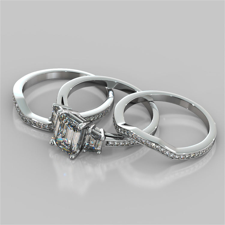 Radiant Cut Three-Stone Engagement Ring With Trapezoids