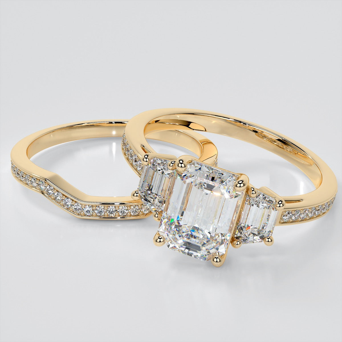 Radiant Cut Three Stone Wedding Set With Trapezoids