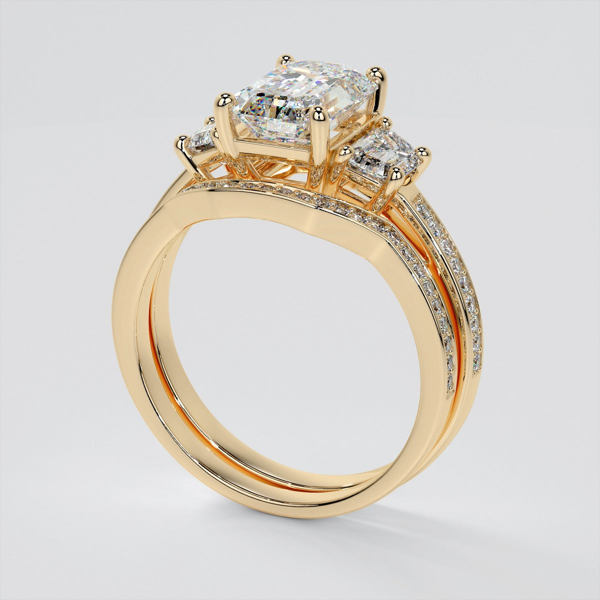 Radiant Cut Three Stone Wedding Set With Trapezoids