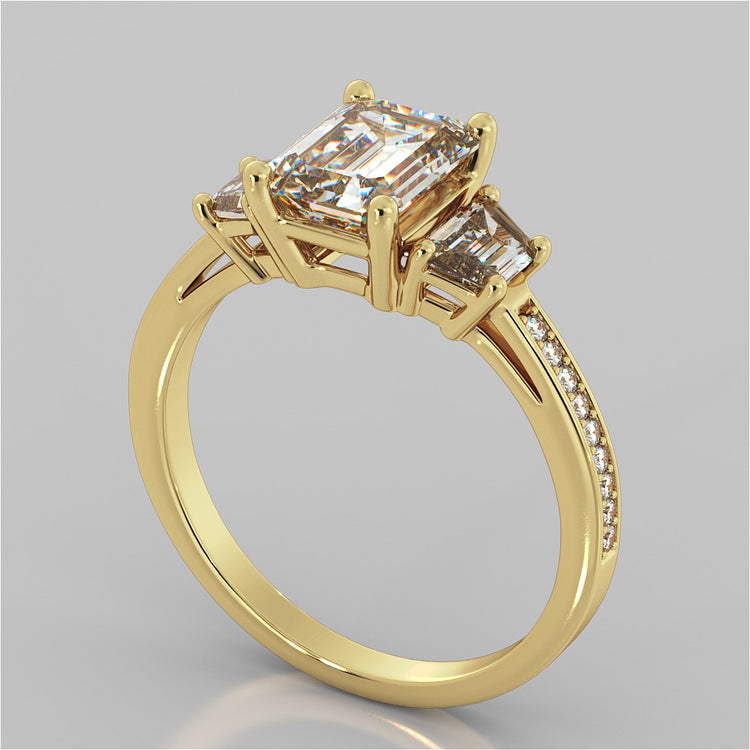 Radiant Cut Three-Stone Engagement Ring With Trapezoids