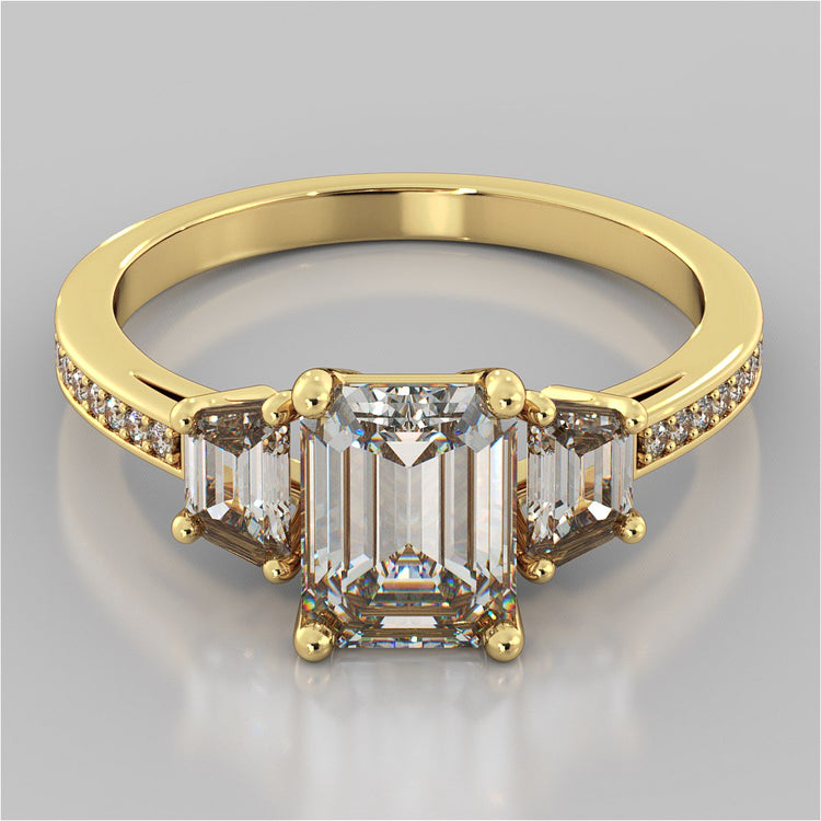 Radiant Cut Three-Stone Engagement Ring With Trapezoids