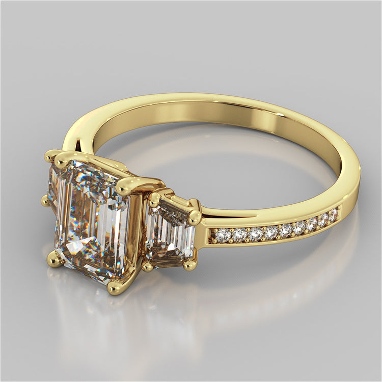 Radiant Cut Three-Stone Engagement Ring With Trapezoids