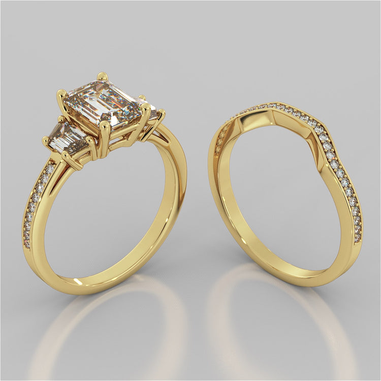 Radiant Cut Three-Stone Engagement Ring With Trapezoids