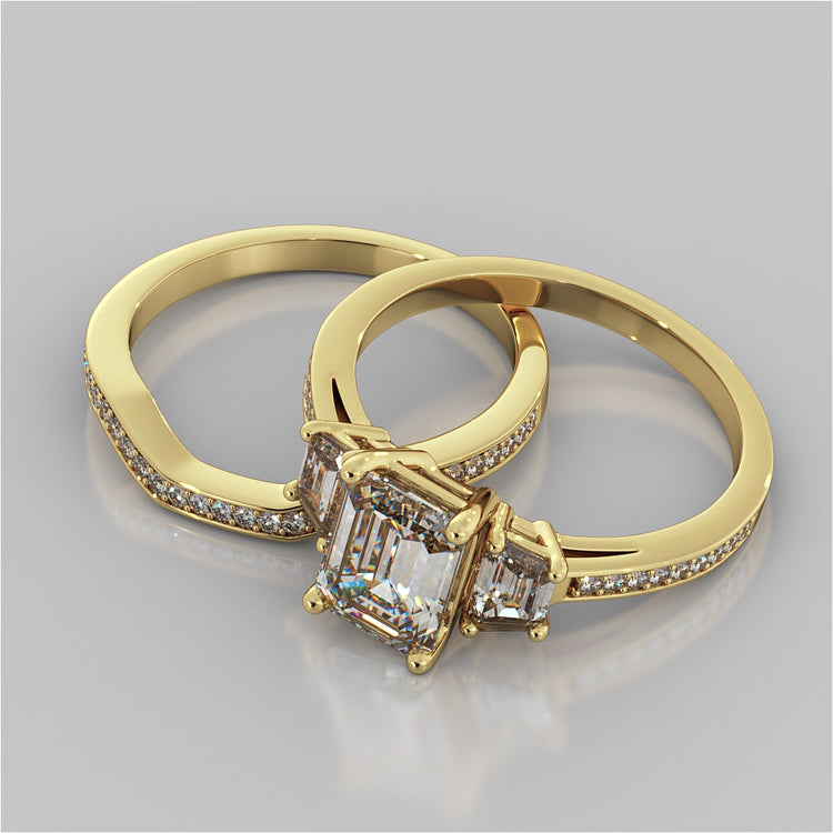 Radiant Cut Three-Stone Engagement Ring With Trapezoids