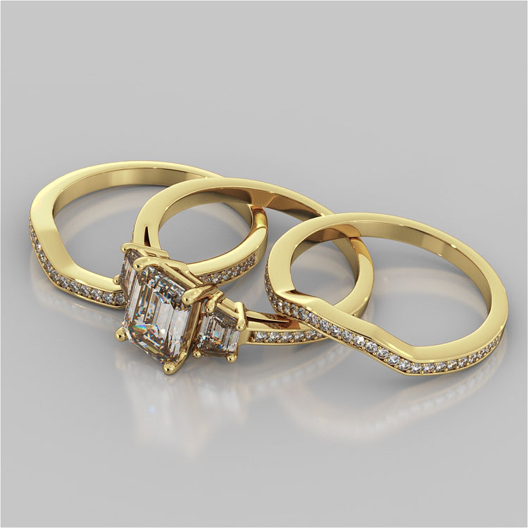 Radiant Cut Three-Stone Engagement Ring With Trapezoids