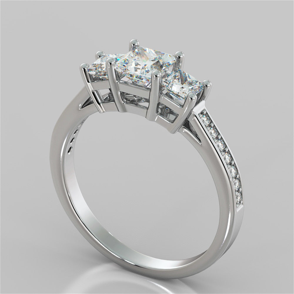 Lab Grown Diamond Princess Cut Three Stone Engagement Ring With Accents