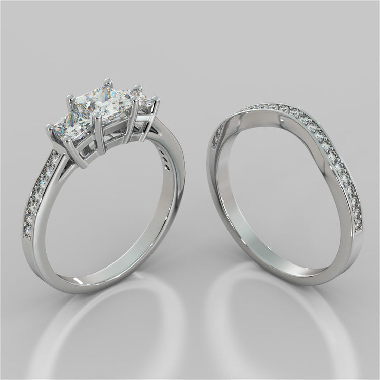 Princess Cut Three Stone Wedding Set With Accents