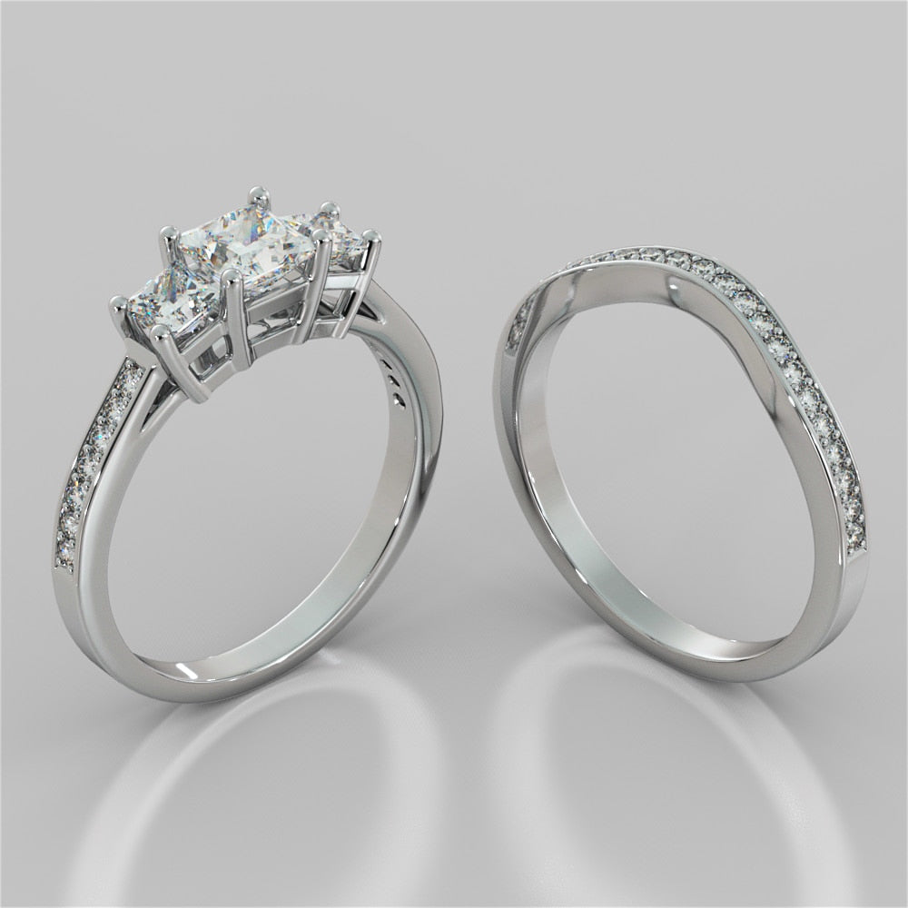Princess Cut Accented Three Stone Wedding Set With 2 Matching Bands