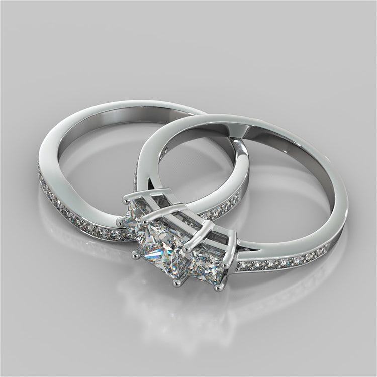 Princess Cut Three Stone Wedding Set With Accents