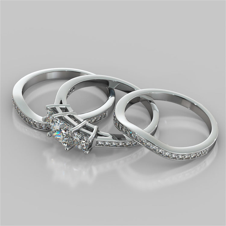 Princess Cut Three Stone Wedding Set With Accents