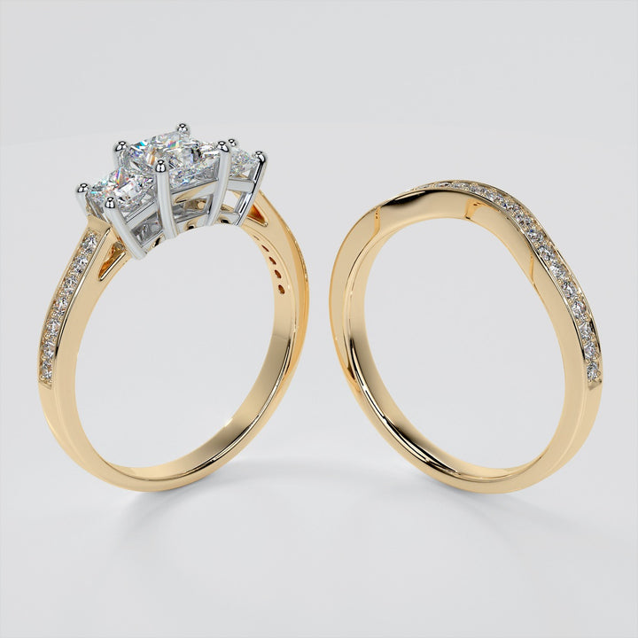 Princess Cut Three Stone Wedding Set With Accents