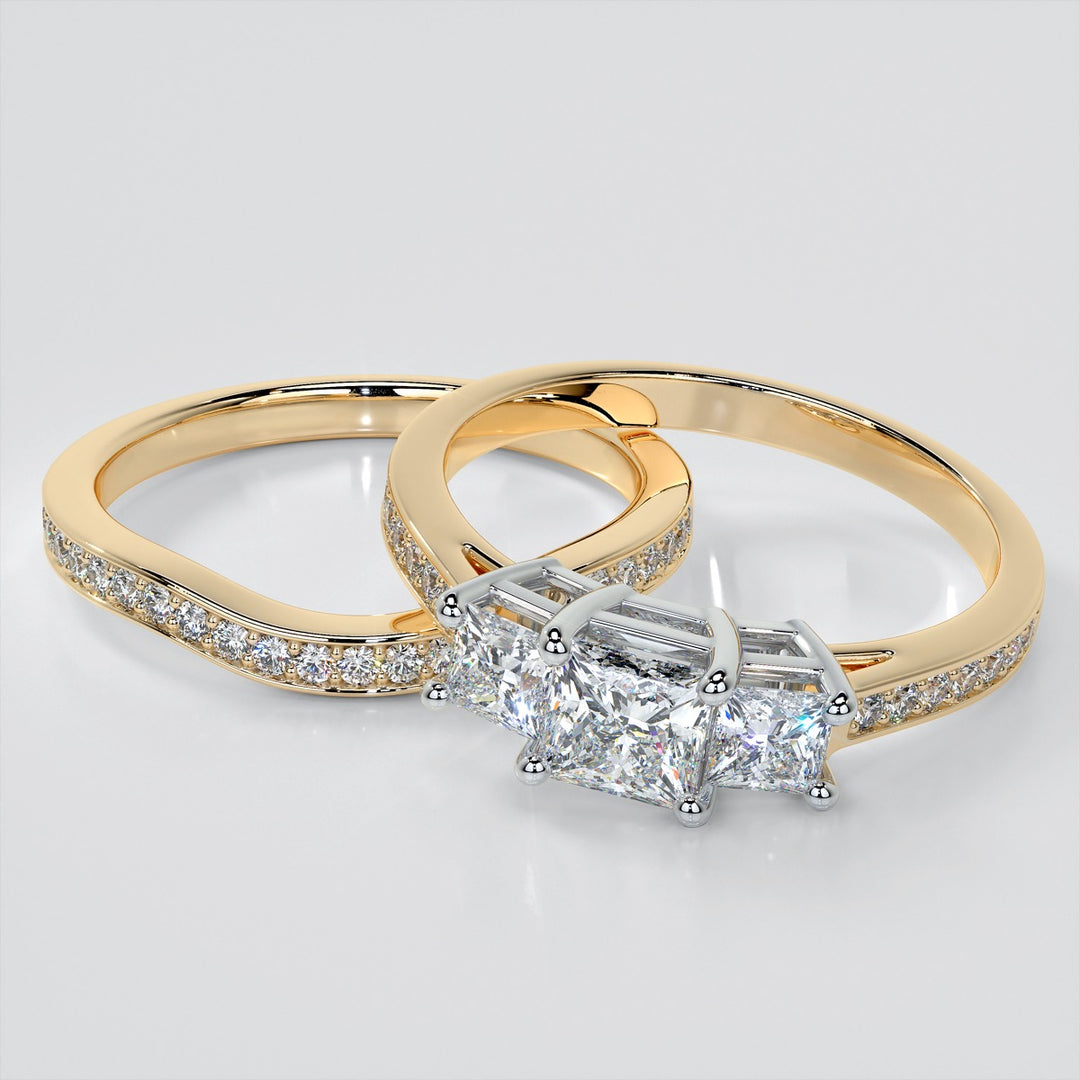 Princess Cut Three Stone Wedding Set With Accents