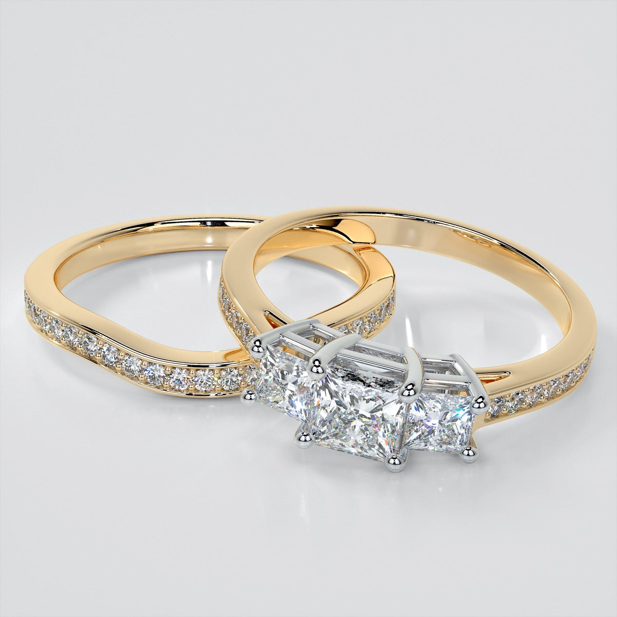 Princess Cut Three Stone Wedding Set With Accents